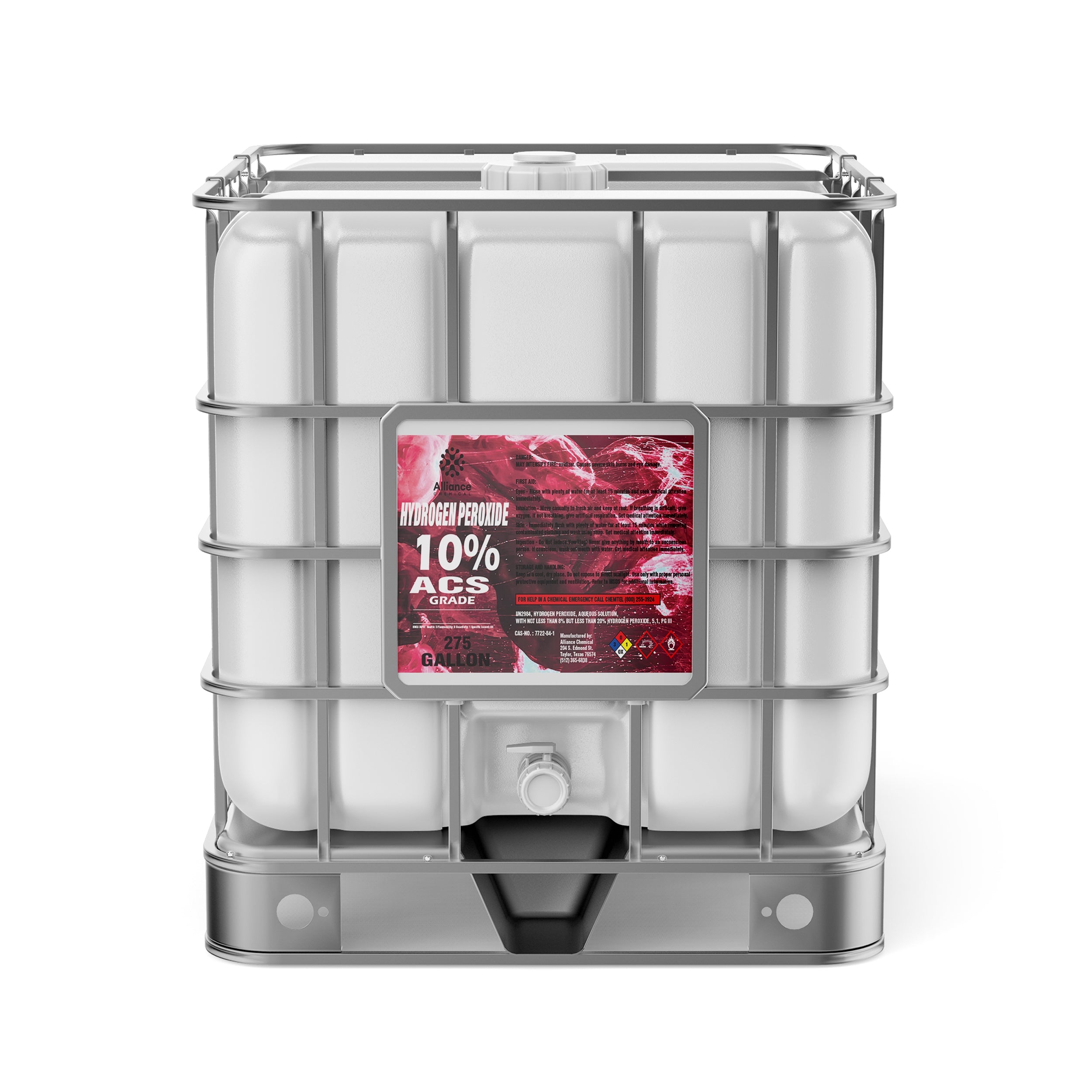 275-gallon IBC tote of 10% ACS-grade hydrogen peroxide in white reinforced container with metal cage, HAZMAT label, and bottom discharge valve.